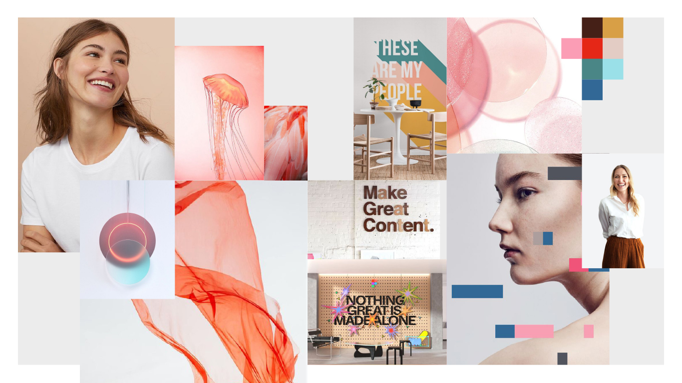 Moodboard en visuele merkuitingen voor Toughly, met speelse kleuren, typografie en fotografie die de digitale-first identiteit weerspiegelen, ontwikkeld door Studioplay®.