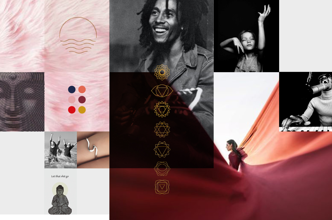 Moodboard met spirituele en intuïtieve beelden in zachte en contrastrijke tinten, ontwikkeld door Studioplay® voor de merkidentiteit en website van Zing je Vrij.