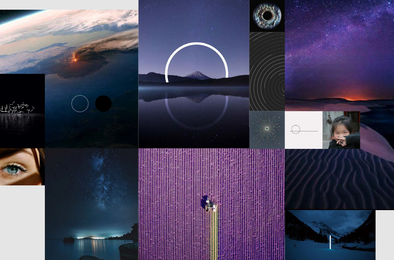 Moodboard met abstracte en kosmische beelden in paars en blauw, ontwikkeld door Studioplay® als basis voor de merkidentiteit van CRO Forum.