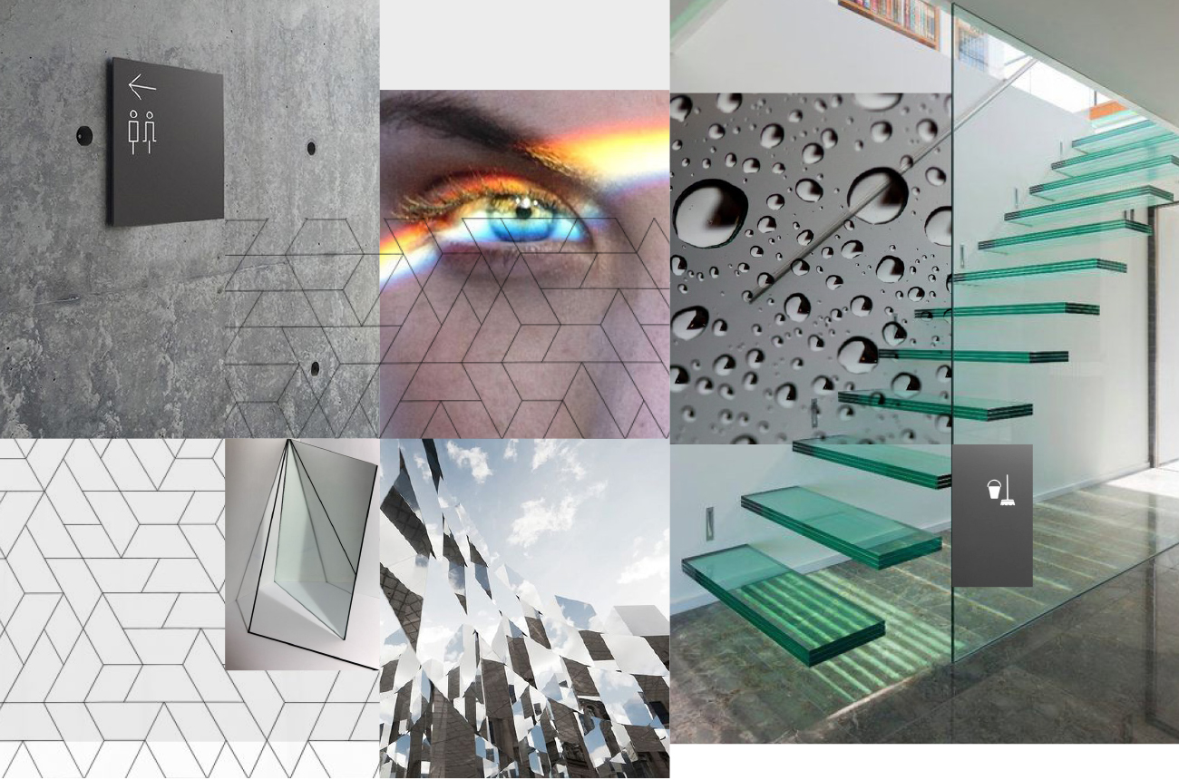 Moodboard met koele kleuren, architectonische structuren en fotografie-elementen die de merkidentiteit van Harvey Facility weerspiegelen, ontwikkeld door Studioplay®.