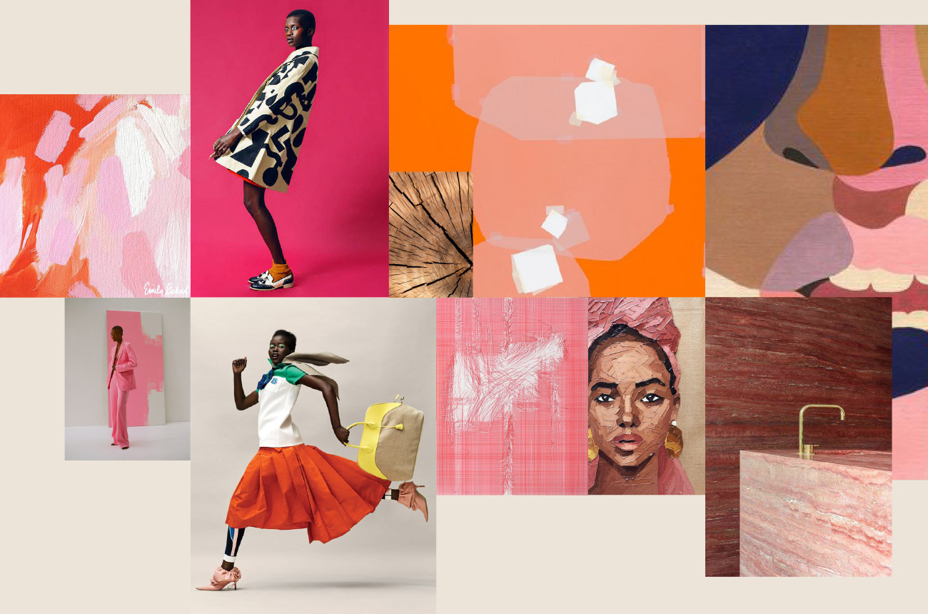 Moodboard met levendige kleuren, illustraties en fotografie die de merkidentiteit van rosannalie.com weerspiegelen, ontwikkeld door Studioplay® voor Rosanna Lieveld.