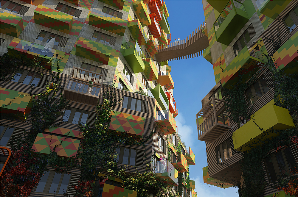 Architectonisch ontwerp Tuintje in mijn Hart in Amsterdam Zuidoost, met kleurrijke gevels en groene elementen, ontwikkeld in samenwerking met Studioplay®, Olaf Gipser architects, VMX architects en Urban Sync.