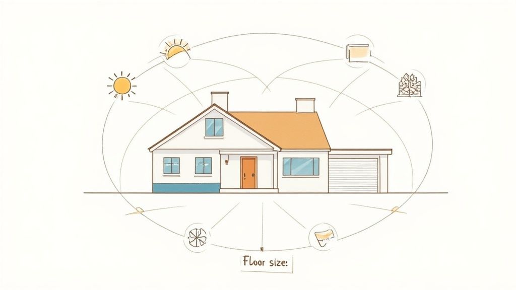A modern, well-insulated home with visible solar panels and efficient windows, highlighting features that affect heat pump sizing.