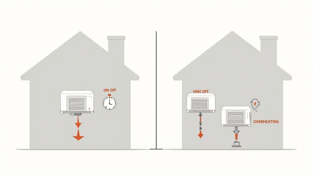 A person pointing at a thermostat with a frustrated expression, illustrating discomfort from an incorrectly sized heat pump.
