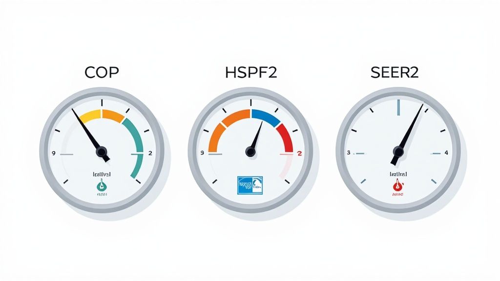 A person looking at a digital tablet displaying charts and graphs of energy performance data, with a heat pump unit in the background.