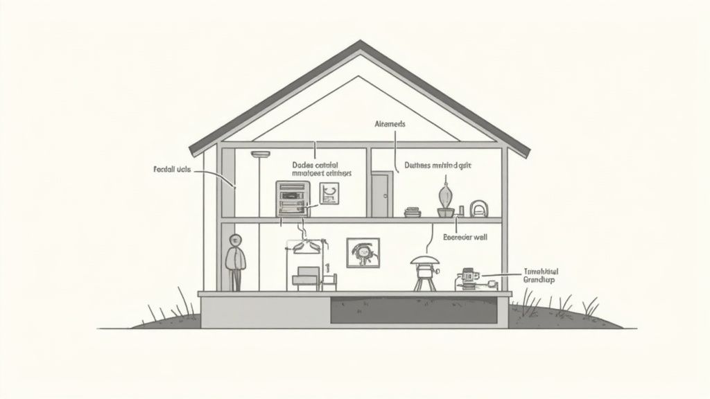 A split image showing a home with ductless mini-split units on the wall and another home with central air vents in the floor and ceiling.