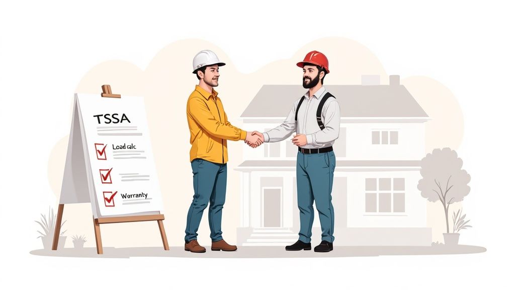 A certified HVAC technician carefully inspecting a newly installed heat pump unit.