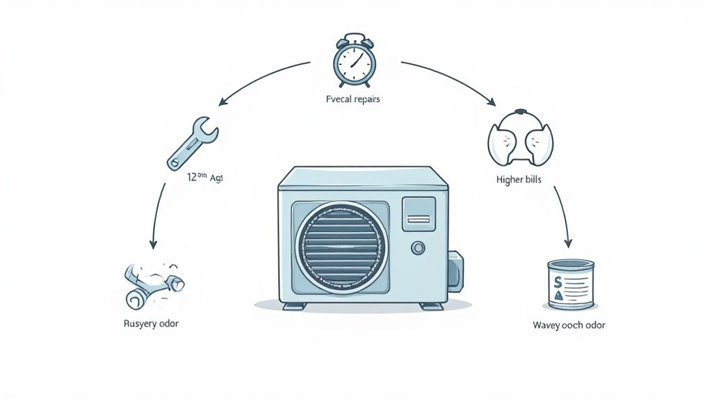 An air conditioner unit with a caution sign overlay, symbolizing a failing system.