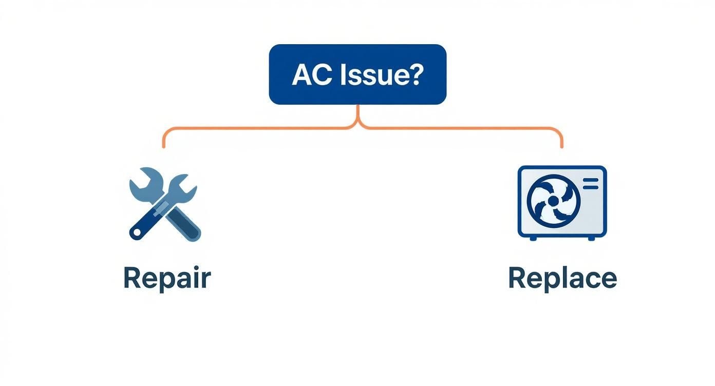 Infographic decision tree showing when to repair versus replace an air conditioner.