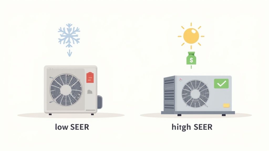 An electric meter spinning quickly, symbolizing high energy bills from an inefficient air conditioner.