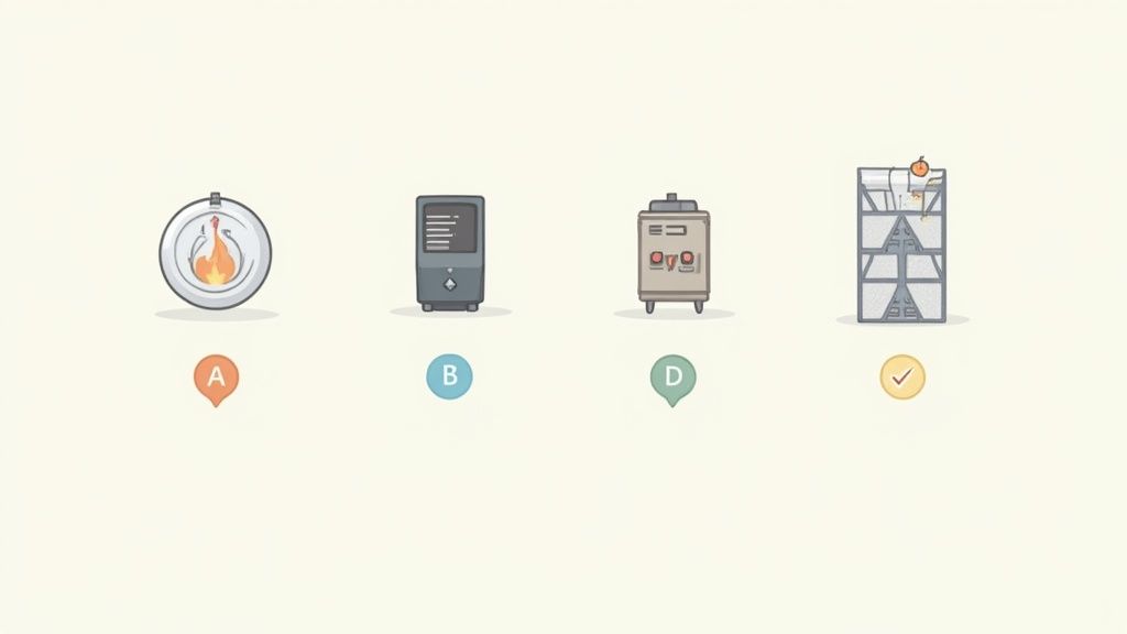 A furnace in a basement with visible ductwork and pipes.