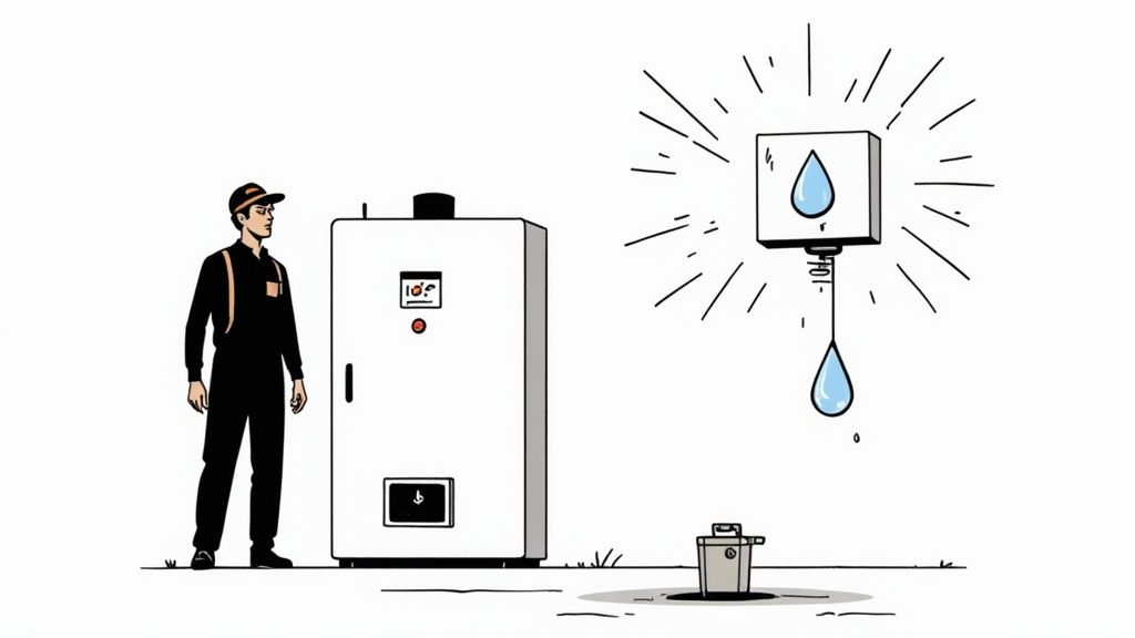 A technician inspecting a tankless water heater with diagnostic tools.