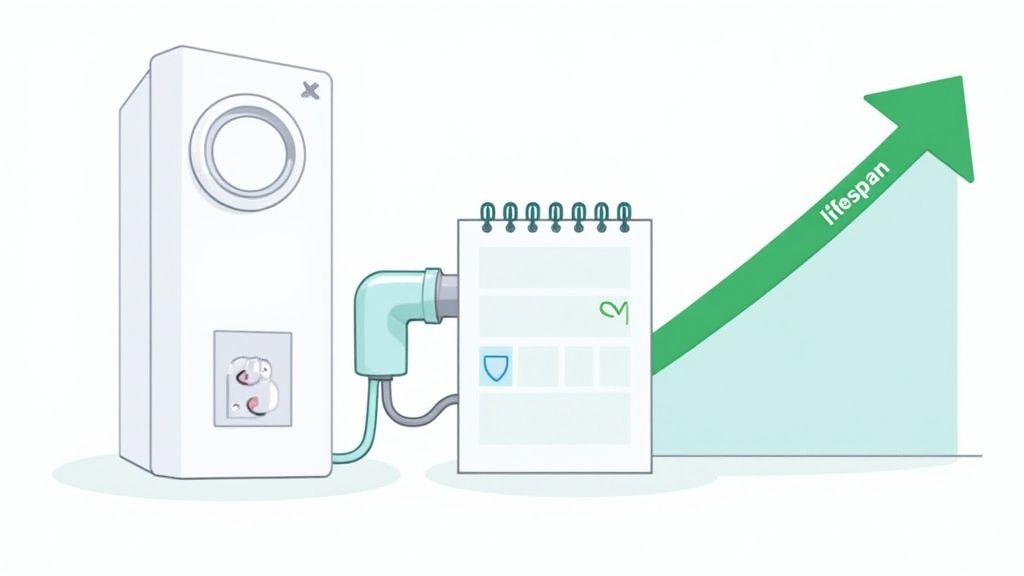 A modern tankless water heater installed cleanly on a utility room wall.