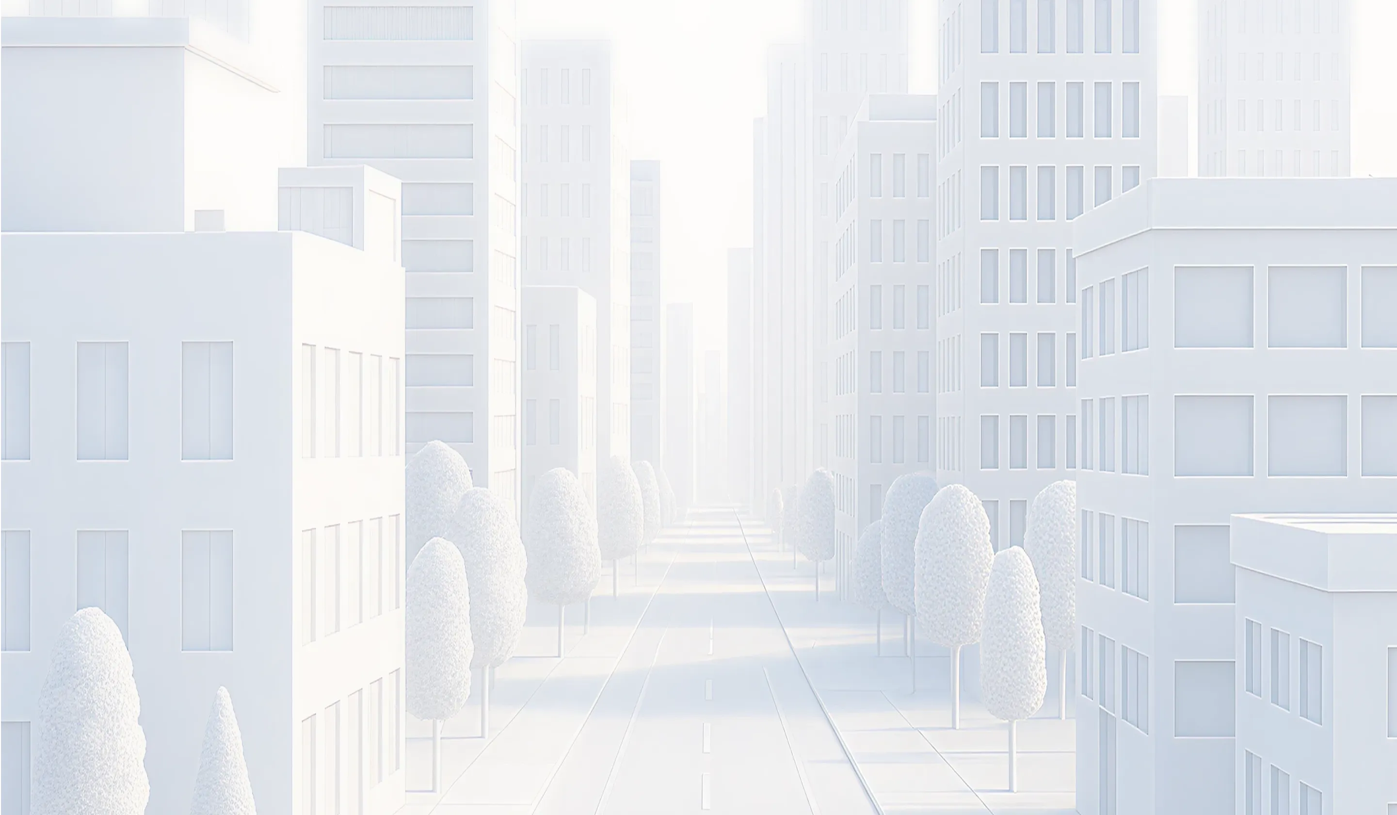 A white city with tall buildings and trees.