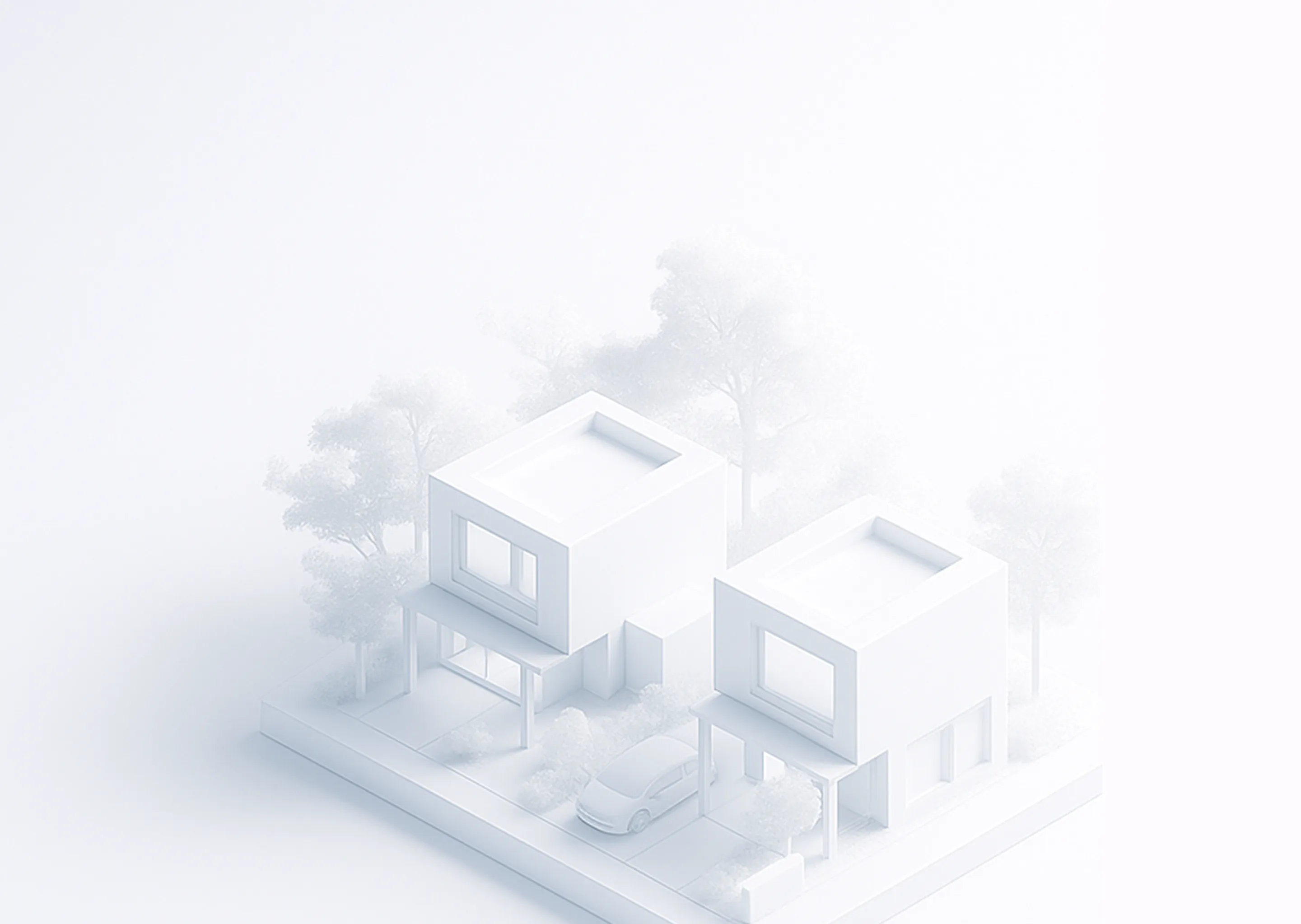 A white model of a house surrounded by trees.