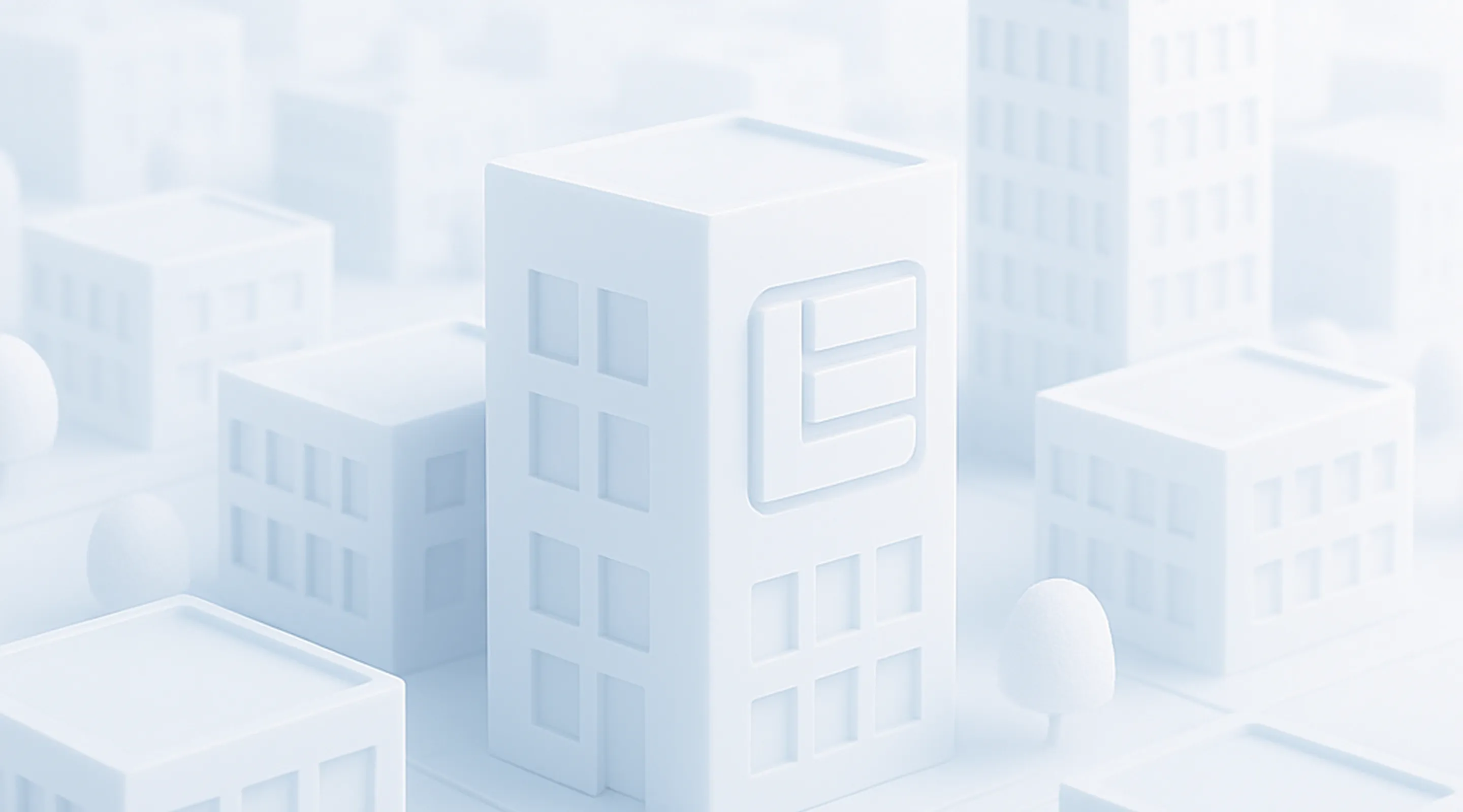 A white building surrounded by smaller white buildings.