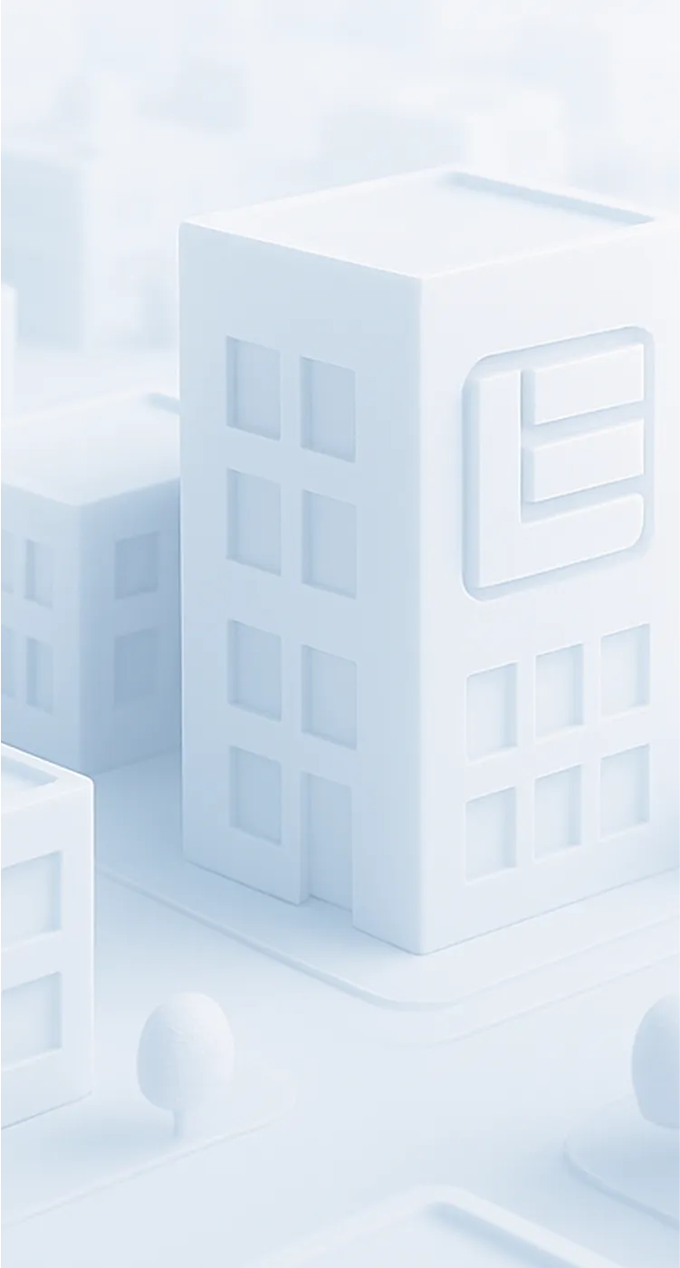 A white building surrounded by smaller white buildings.