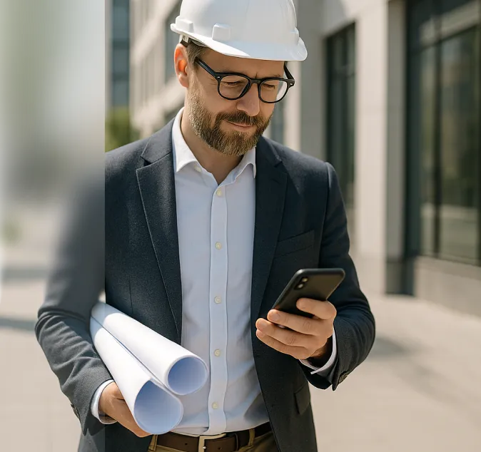 A man in a hard hat looking at a phone.