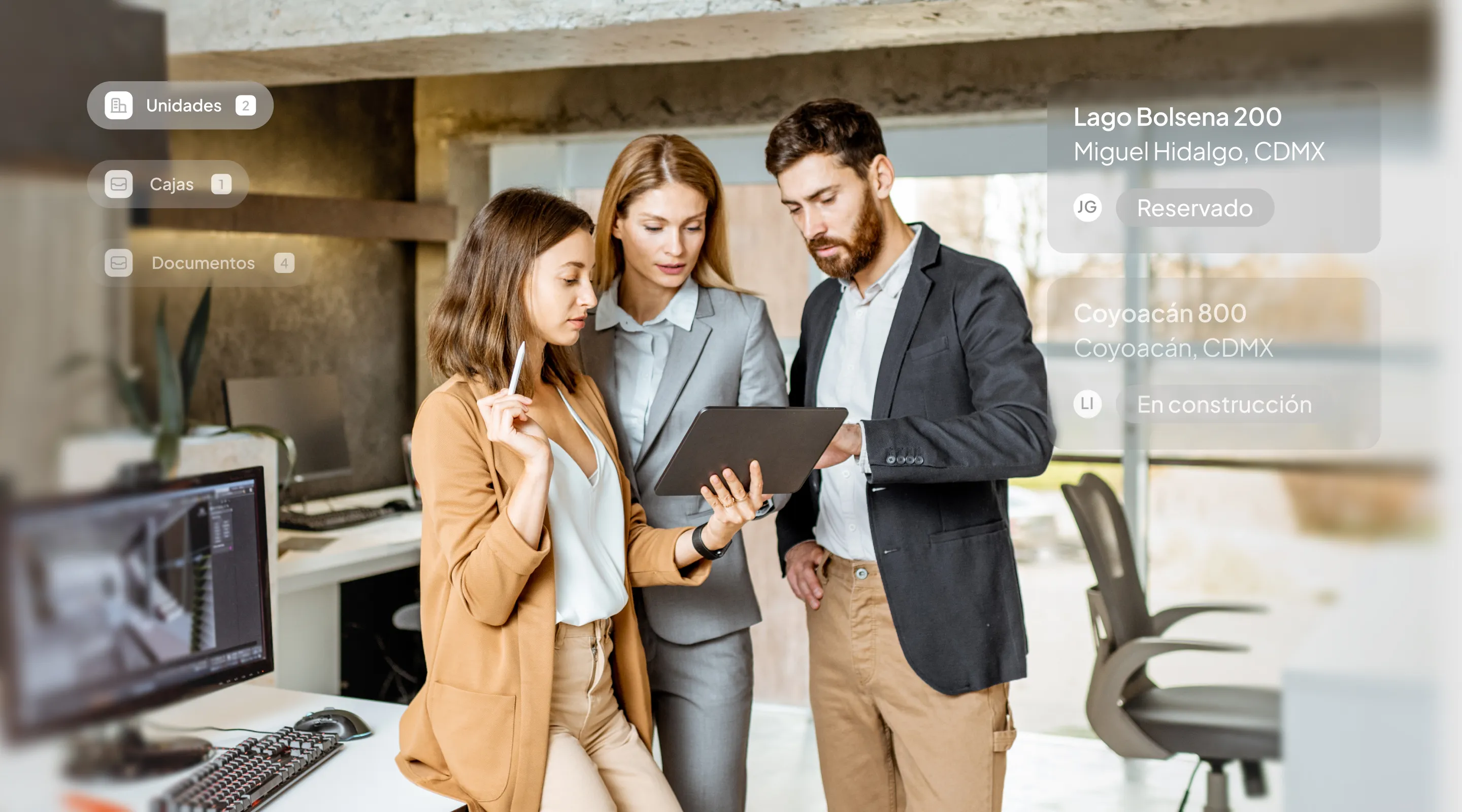 Three professionals in business attire review information on a tablet in a modern office, with digital real estate listings and labels overlaid on the image.