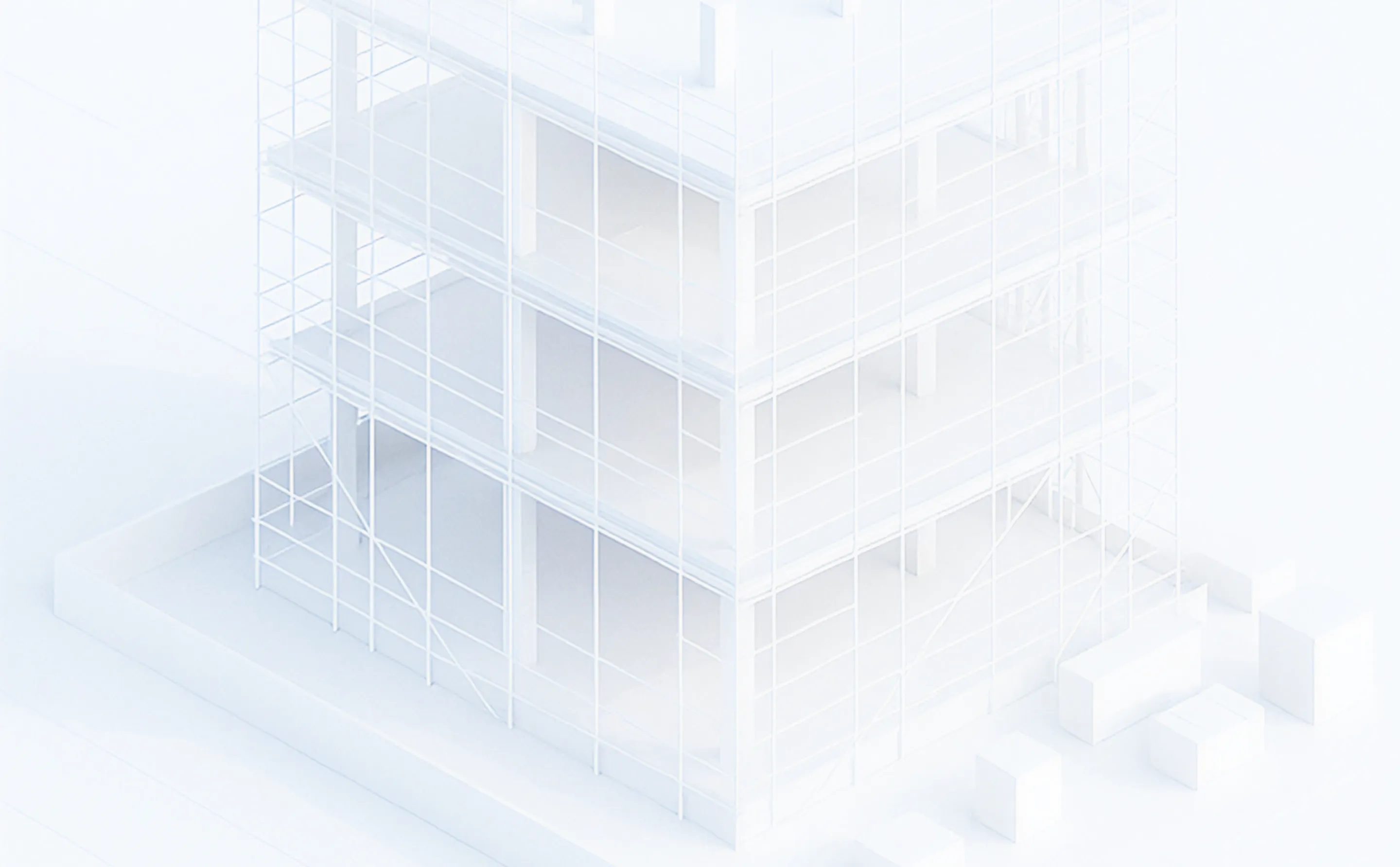 Modelo arquitectónico en 3D de un edificio en construcción con andamios y varios bloques apilados al lado.