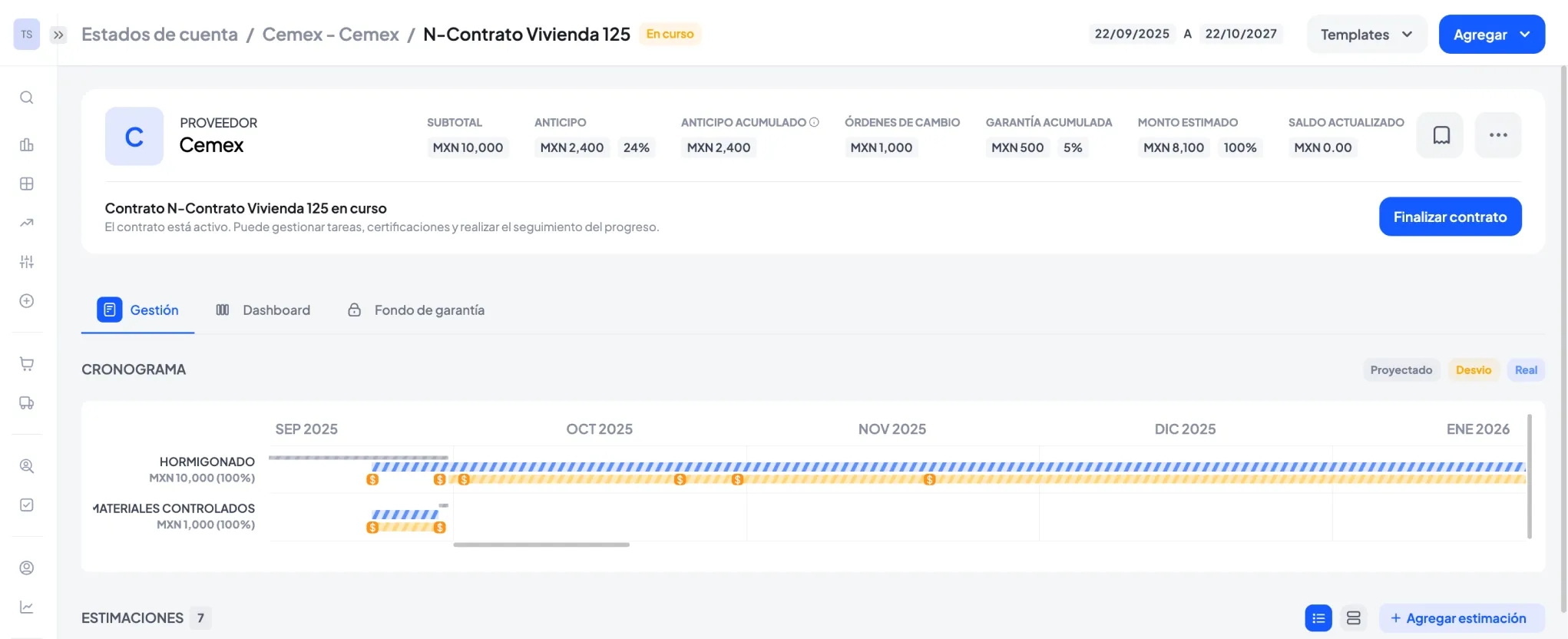Interfaz de seguimiento de contrato de vivienda con detalle de proveedor Cemex, subtotales, anticipos, órdenes de cambio y cronograma de obra desde septiembre 2025 a enero 2026.