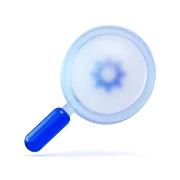 Lupa con mango azul que muestra un engranaje desenfocado en el centro de la lente.