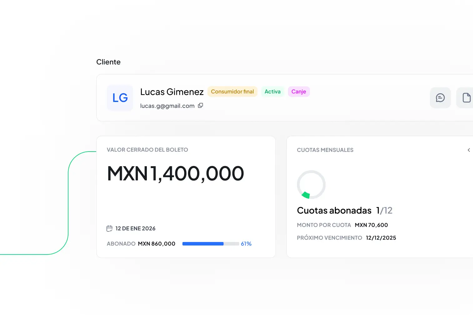 Perfil del cliente con correo, mostrando valor cerrado del boleto MXN 1,400,000, 61% abonado, y cuotas abonadas 1 de 12 con monto por cuota MXN 70,600.