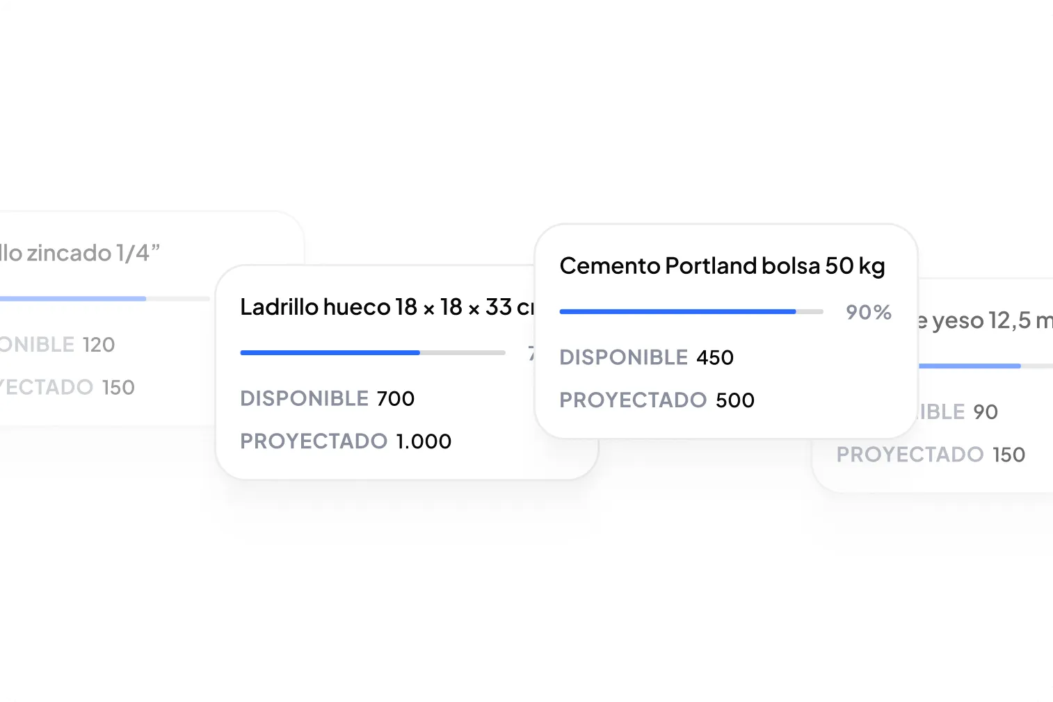 Tarjetas de inventario mostrando disponibilidad y proyección de ladrillo hueco 18x18x33 cm con 700 disponibles y 1000 proyectados, y cemento Portland bolsa 50 kg con 450 disponibles y 500 proyectados.