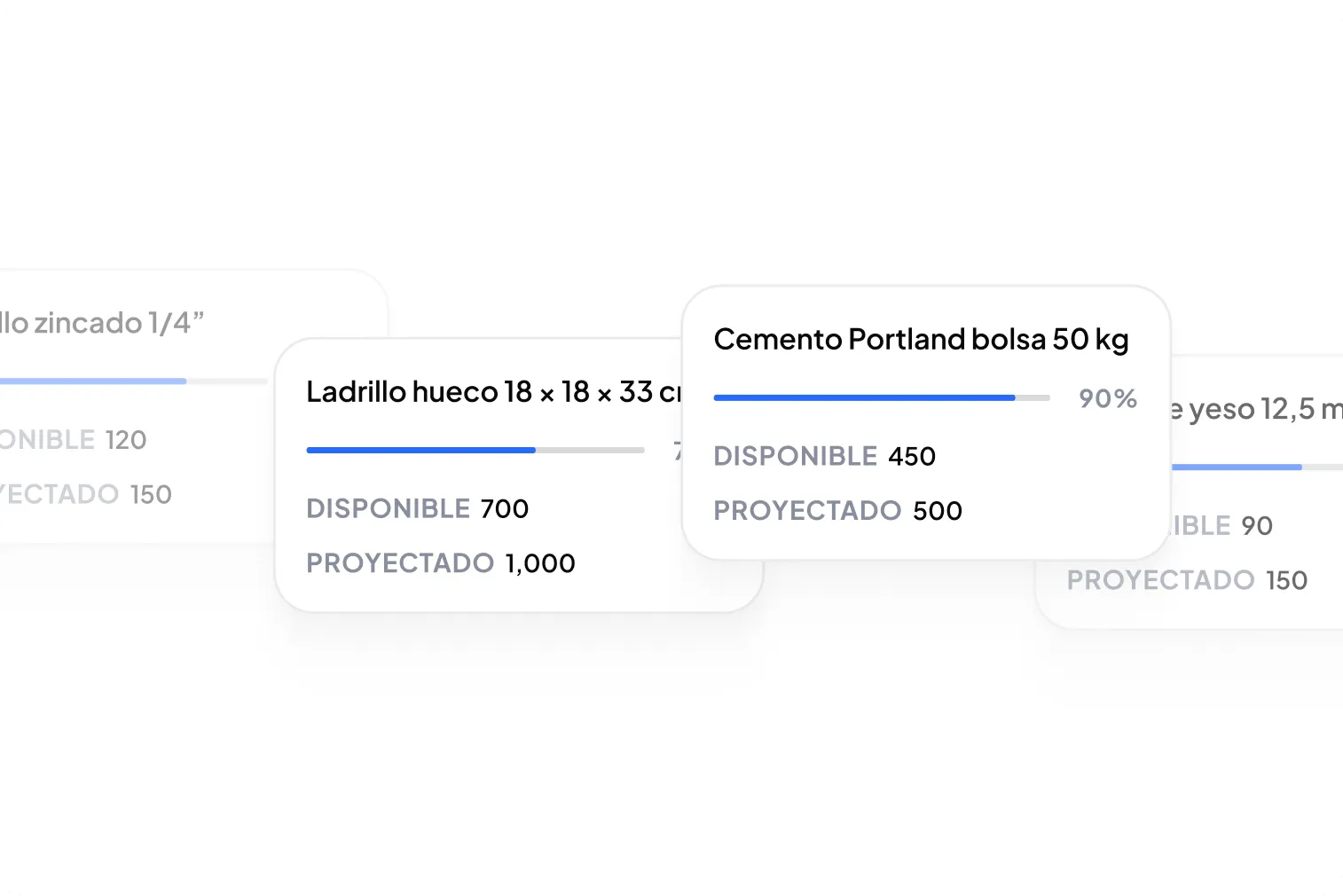 Tarjetas de inventario que muestran materiales de construcción Ladrillo hueco con 700 disponibles y 1,000 proyectados, y Cemento Portland bolsa 50 kg con 450 disponibles y 500 proyectados.