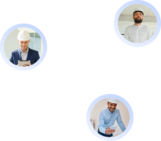 Diagrama con tres círculos que contienen imágenes de hombres con casco de seguridad trabajando en construcción, conectados con líneas punteadas que representan referencias o redes.