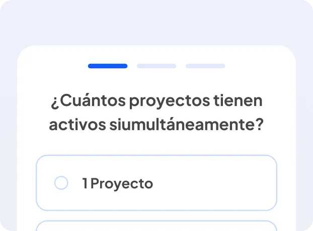 Captura de pantalla de una encuesta que pregunta '¿Cuántos proyectos tienen activos simultáneamente?' con una opción seleccionable de '1 Proyecto'.