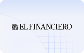 Logotipo de El Financiero con fondo azul claro y diseño geométrico.