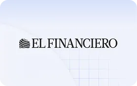 Logotipo de El Financiero con fondo azul claro y diseño geométrico.