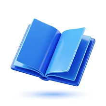 Libro azul abierto con páginas flotando sobre fondo blanco.