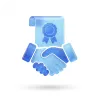 Icono azul de apretón de manos con un sello de premio en la parte superior izquierda.