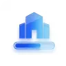 Icono de un edificio azul moderno con una barra de progreso debajo.