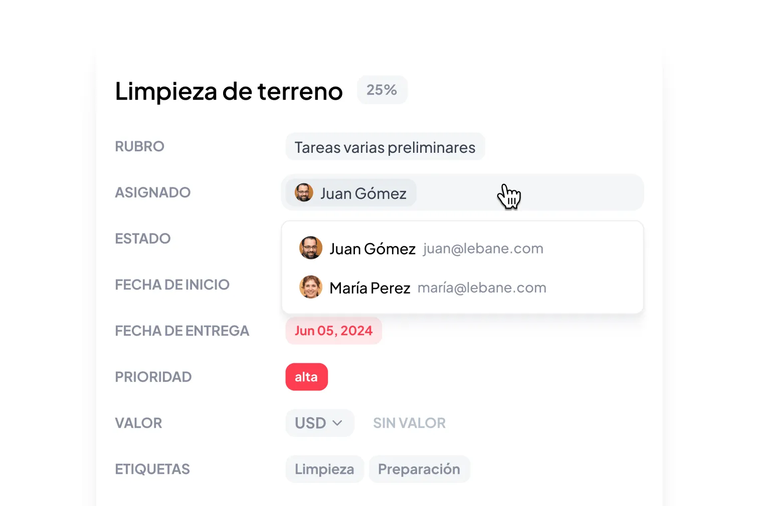 Tarjeta de orden de compra para refuerzo de 25 mm con estado pendiente y fecha de entrega 10 de junio de 2025.