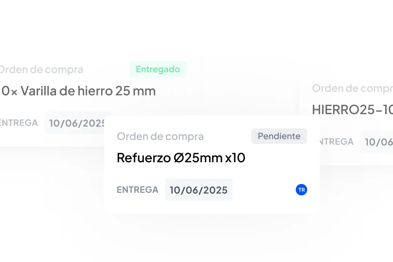 Tarjetas de inventario mostrando disponibilidad y proyección de ladrillo hueco 18x18x33 cm con 700 disponibles y 1000 proyectados, y cemento Portland bolsa 50 kg con 450 disponibles y 500 proyectados.