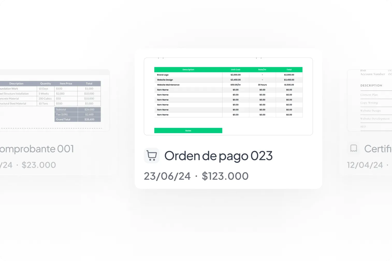 Orden de pago 023 con tabla de descripción y costos incluyendo Logo de marca, diseño y mantenimiento web, fecha 23/06/24 y monto $123,000.