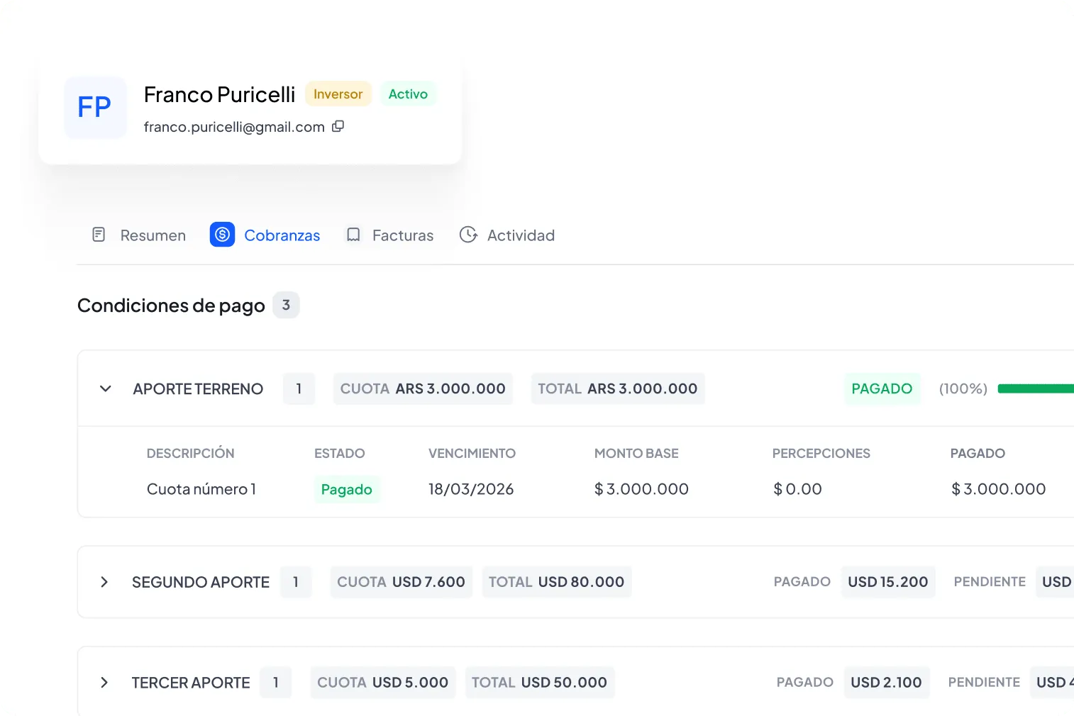 Sección de inventario con materiales de construcción mostrando cantidades disponibles y proyectadas.