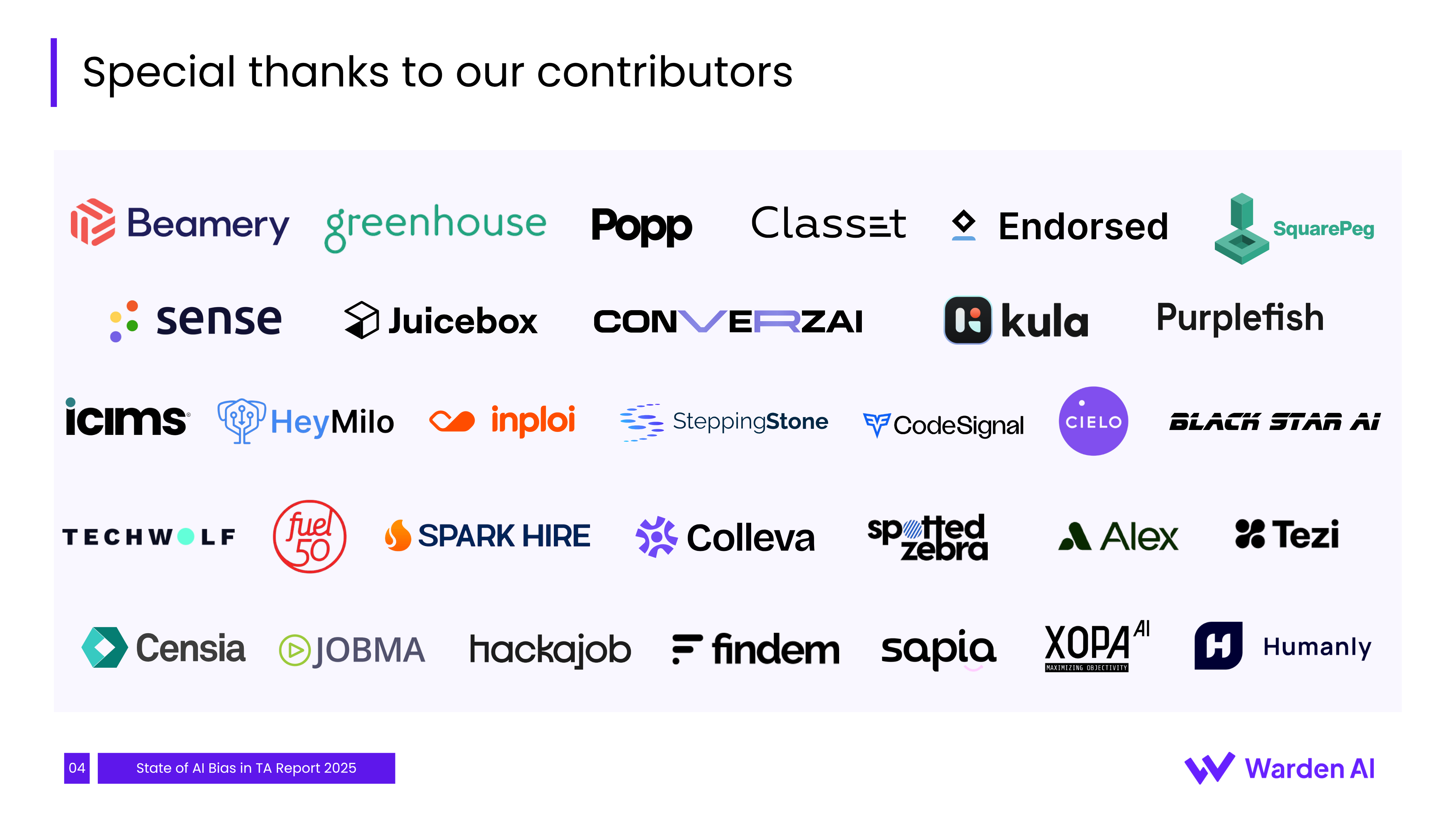 Logos of 32 talent-tech vendors and practitioners who contributed to Warden AI's 2025 State of AI Bias in Talent Acquisition report.