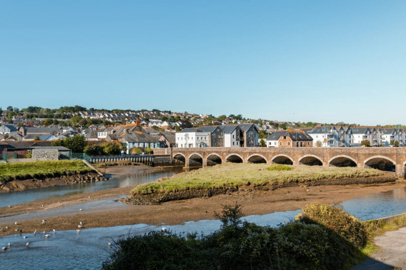 Wadebridge town centre with the historic bridge crossing the River Camel in Cornwall
