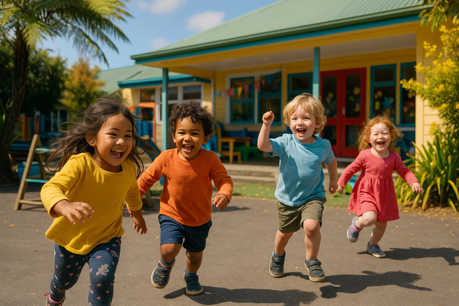 Children running and playing happily at preschool in New Zealand