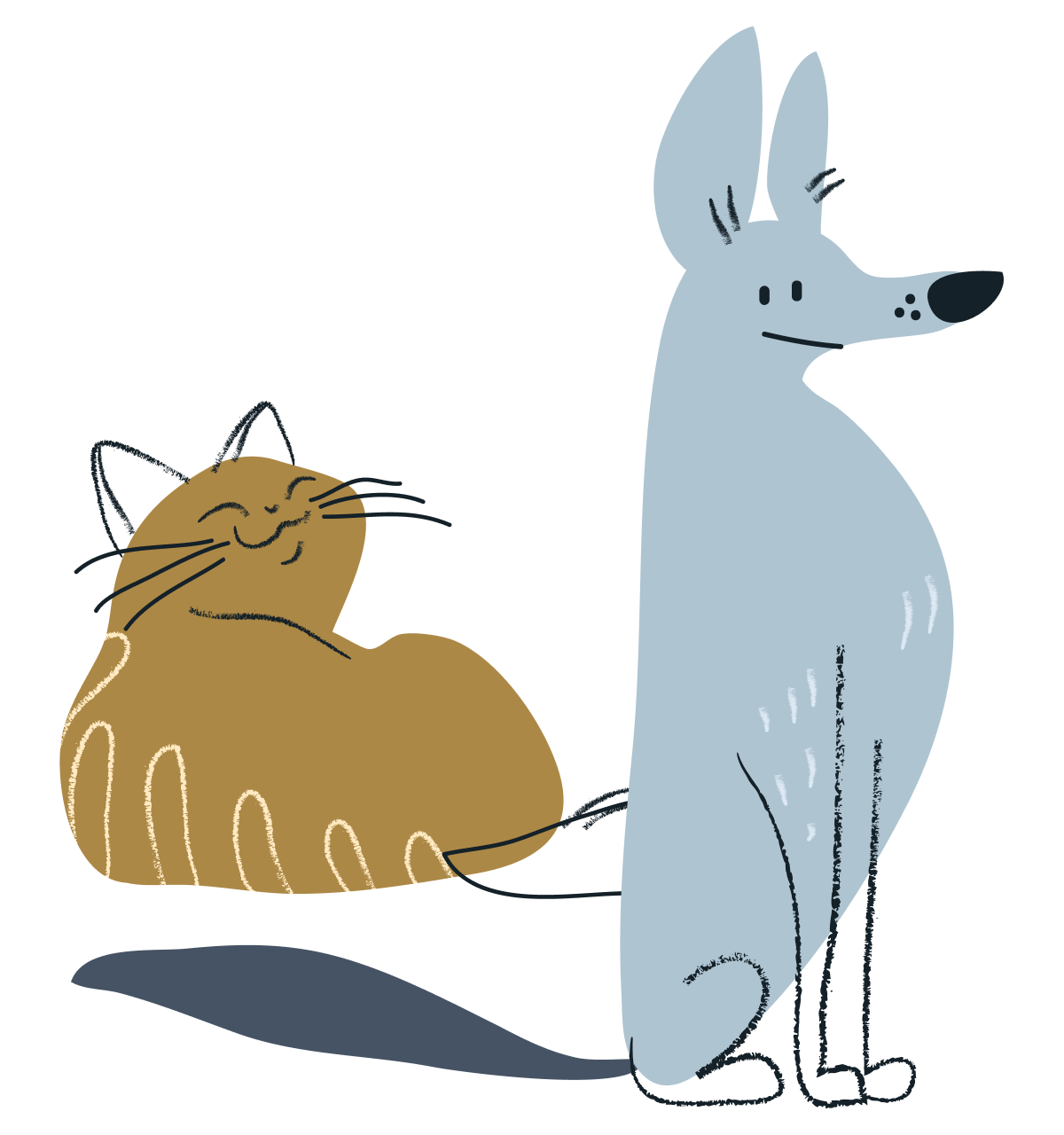 Illustration of brown cat and tall blue dog