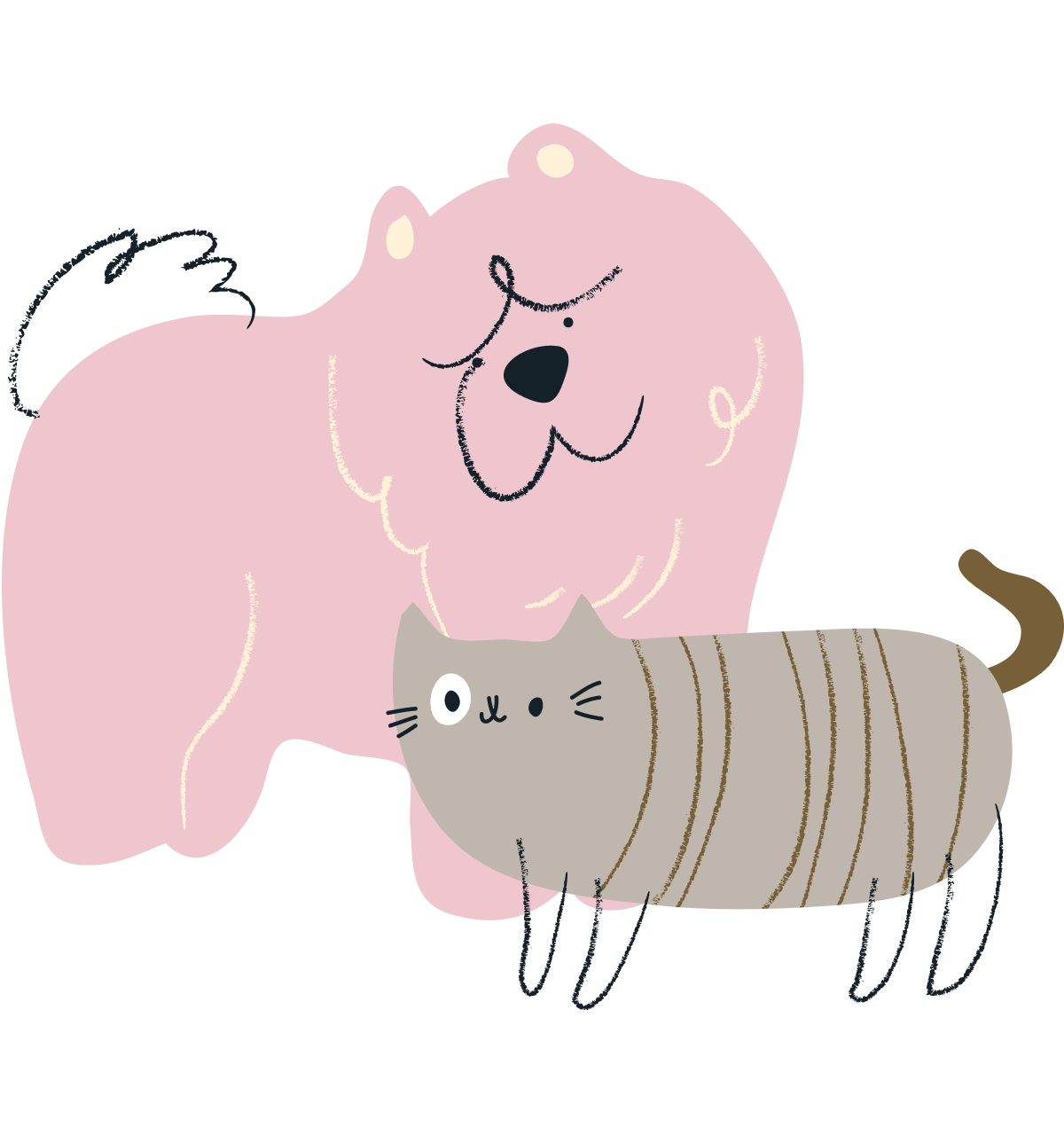 Illustration of big pink dog and long grey cat