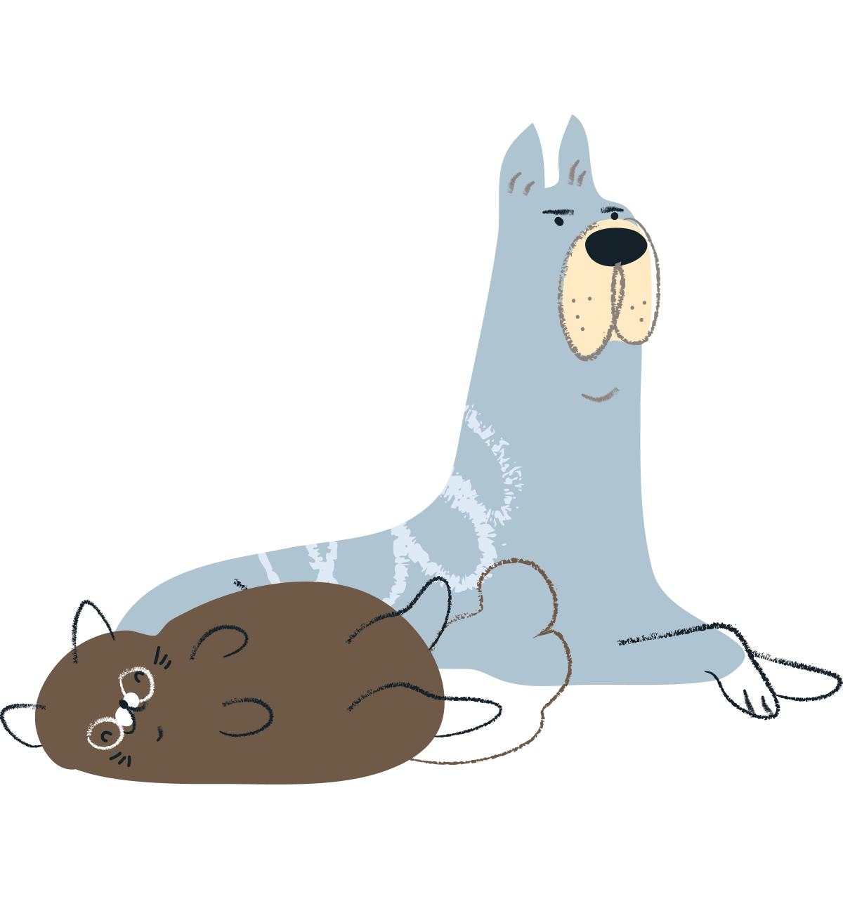 Illustration of small brown cat and large blue dog