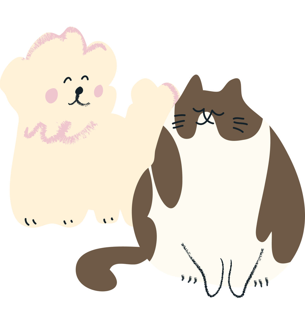 Illustration of a fluffy dog and fat cat