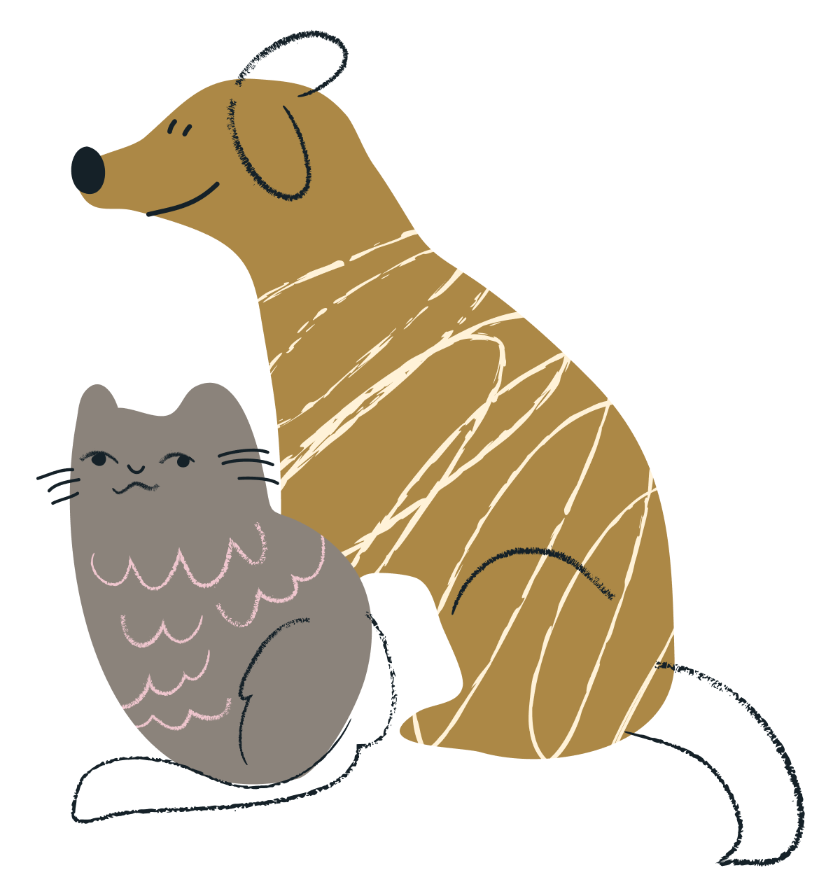 Illustration of a small grey cat and big brown dog
