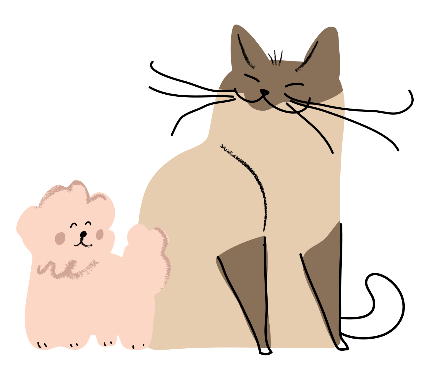 Illustration of fluffy puppy and large cat