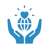 Two hands reaching up towards a symbol of the world with a heart on top